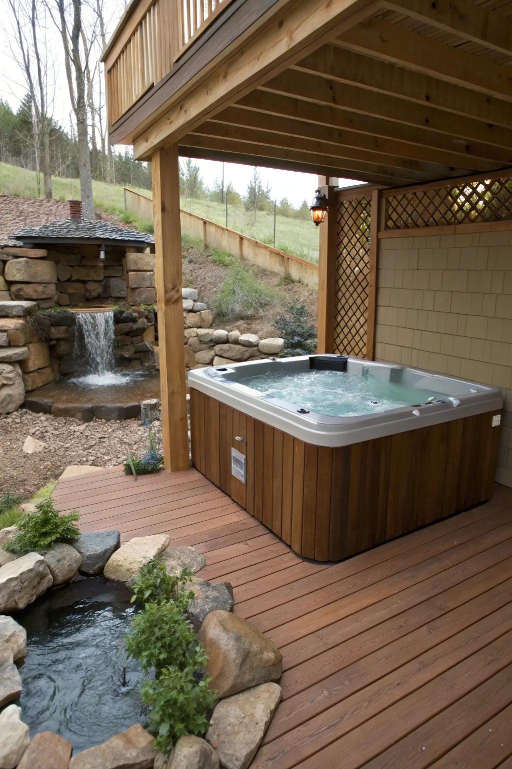 A water feature adds a calming element to this hot tub setting.