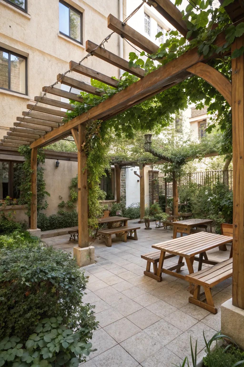 A pergola offers shade and defines a cozy space.