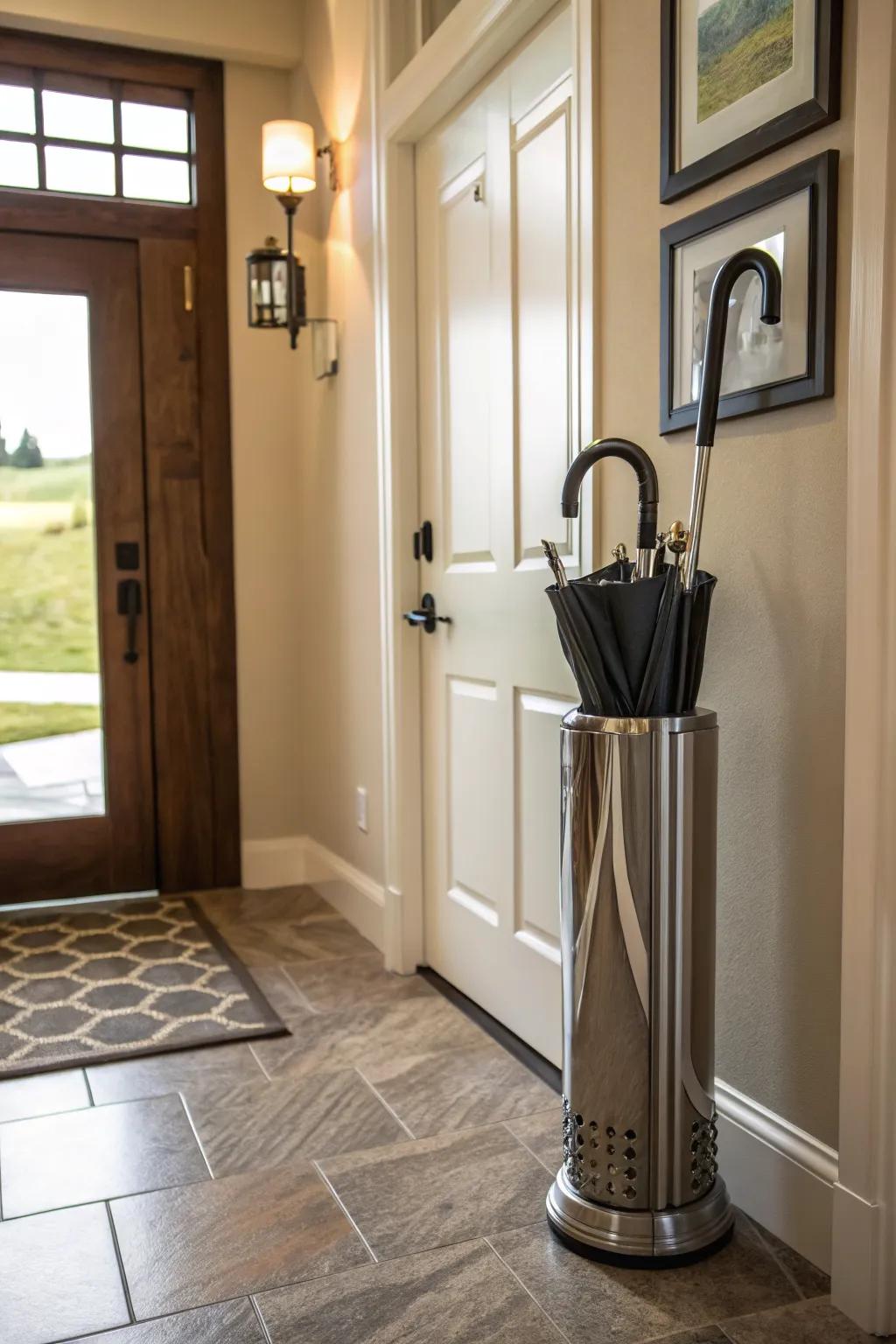 A stylish umbrella stand adds practicality and charm to the entryway.