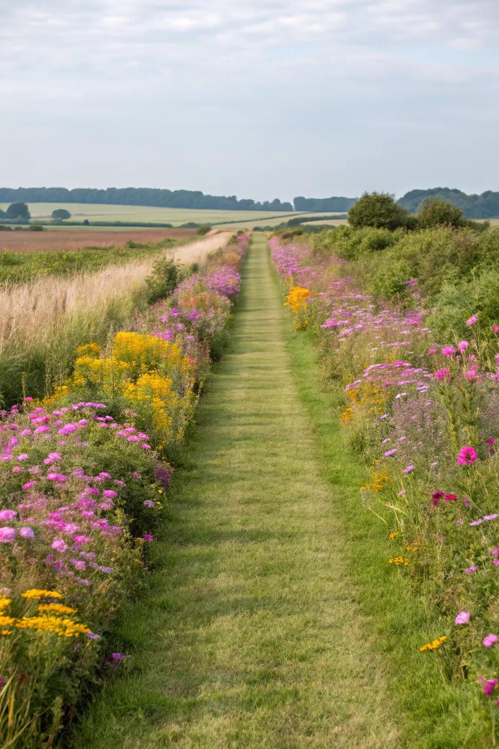 A mowed grassy pathway creates a simple, elegant route through the garden.