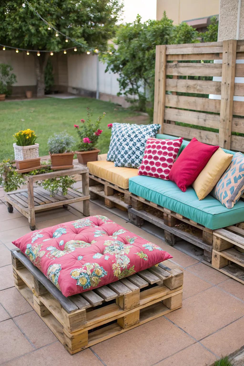 DIY pallet furniture adds a personalized touch to the patio.