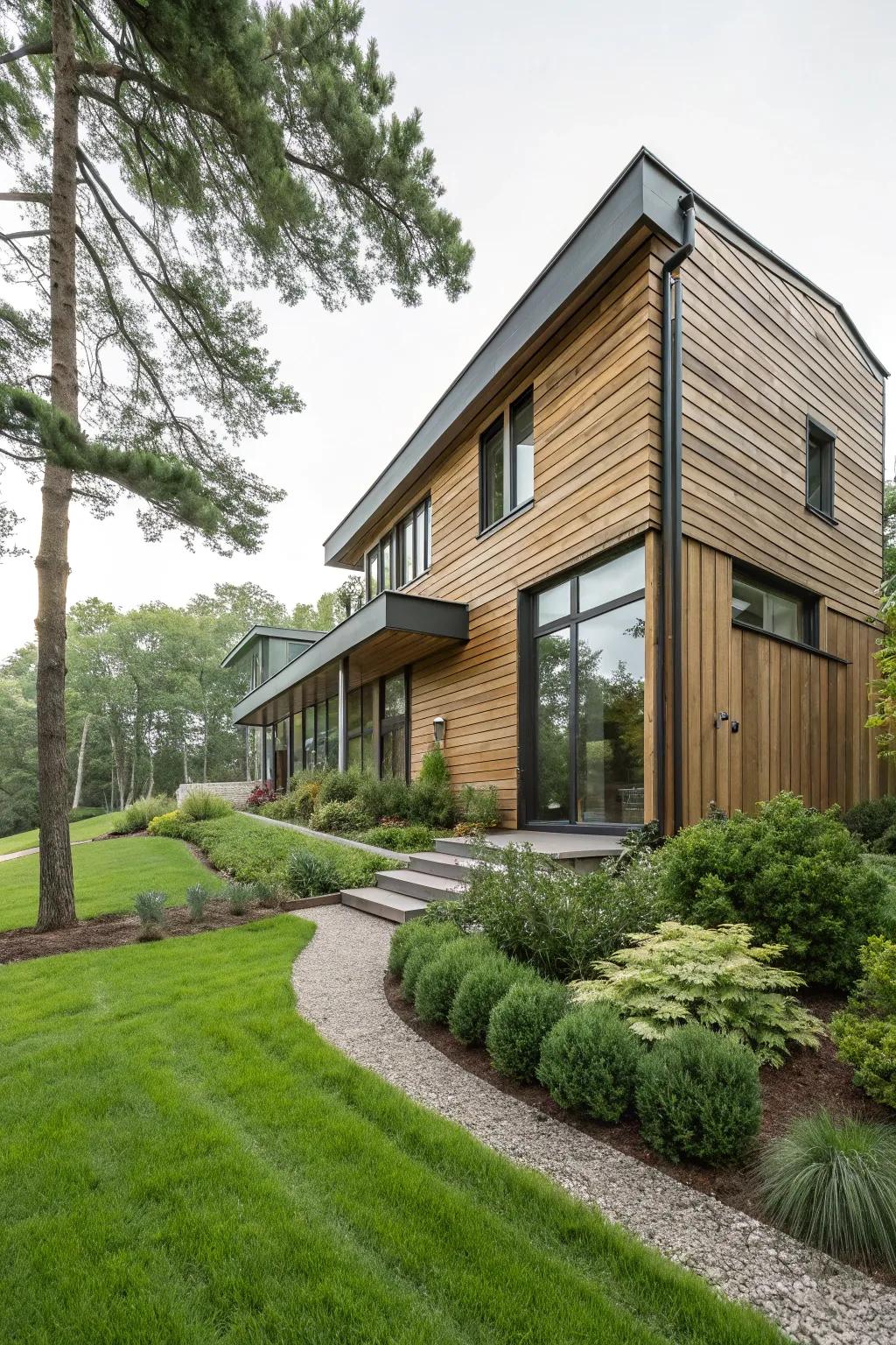 A home showcasing a unique mix of vertical and horizontal wood siding panels.
