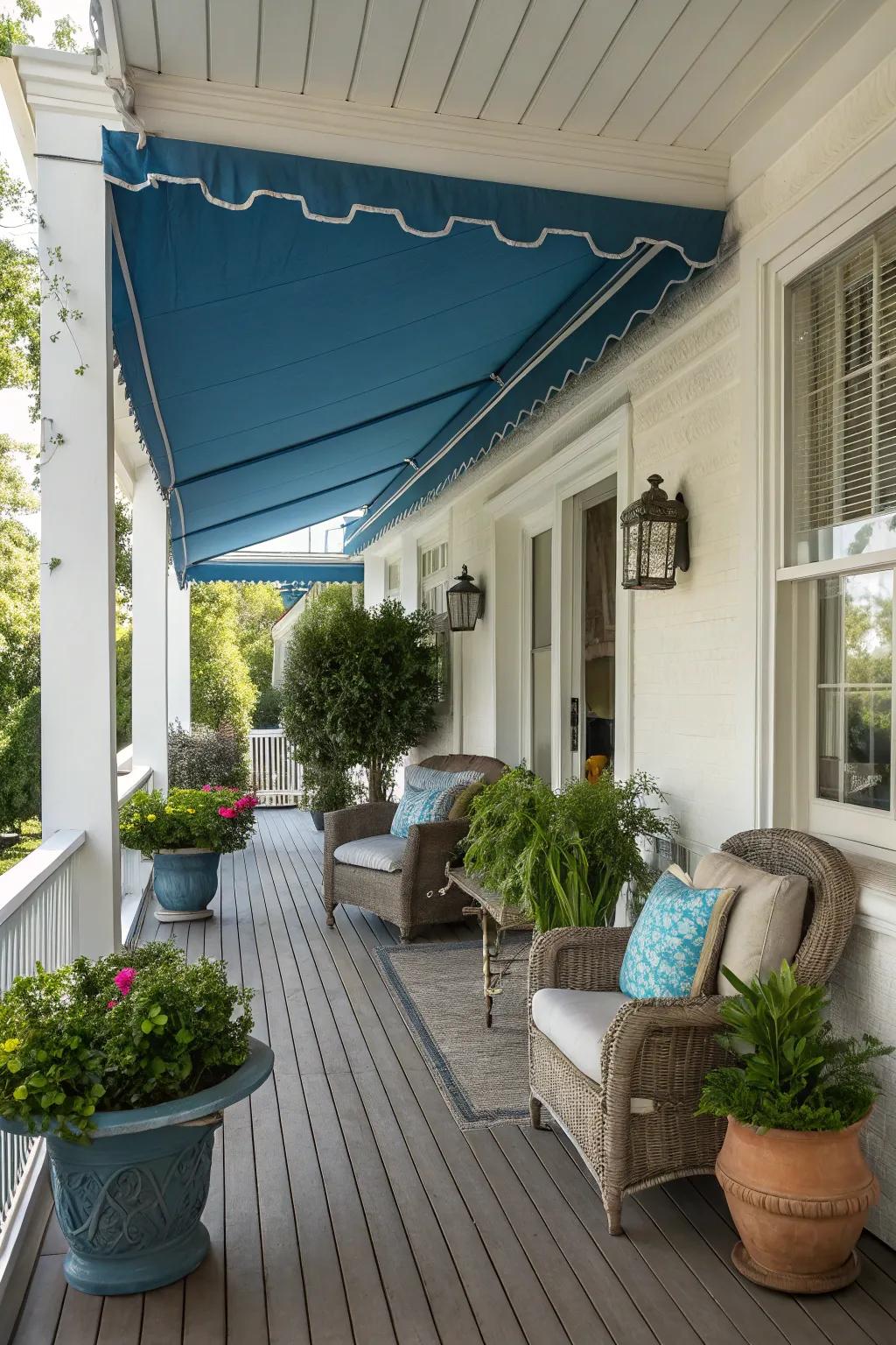 A porch with an awning for stylish sun protection.