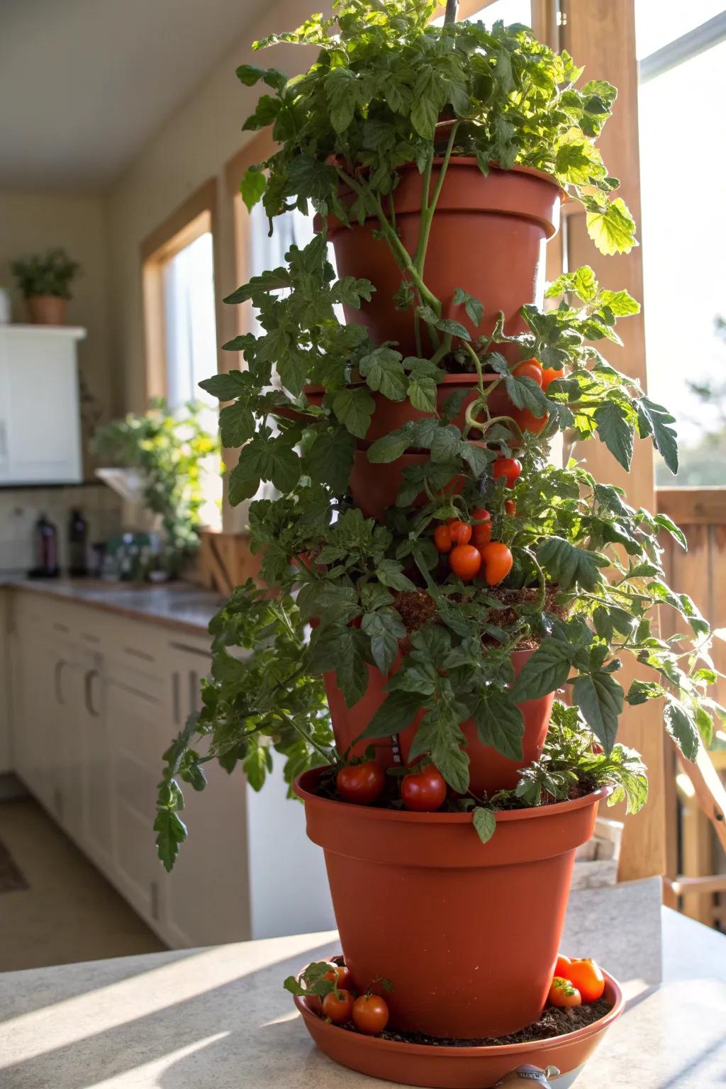 A tomato tower maximizes space and creates a striking garden feature.
