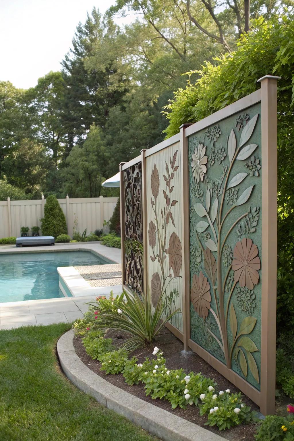 Artistic panels add personality while concealing pool equipment.