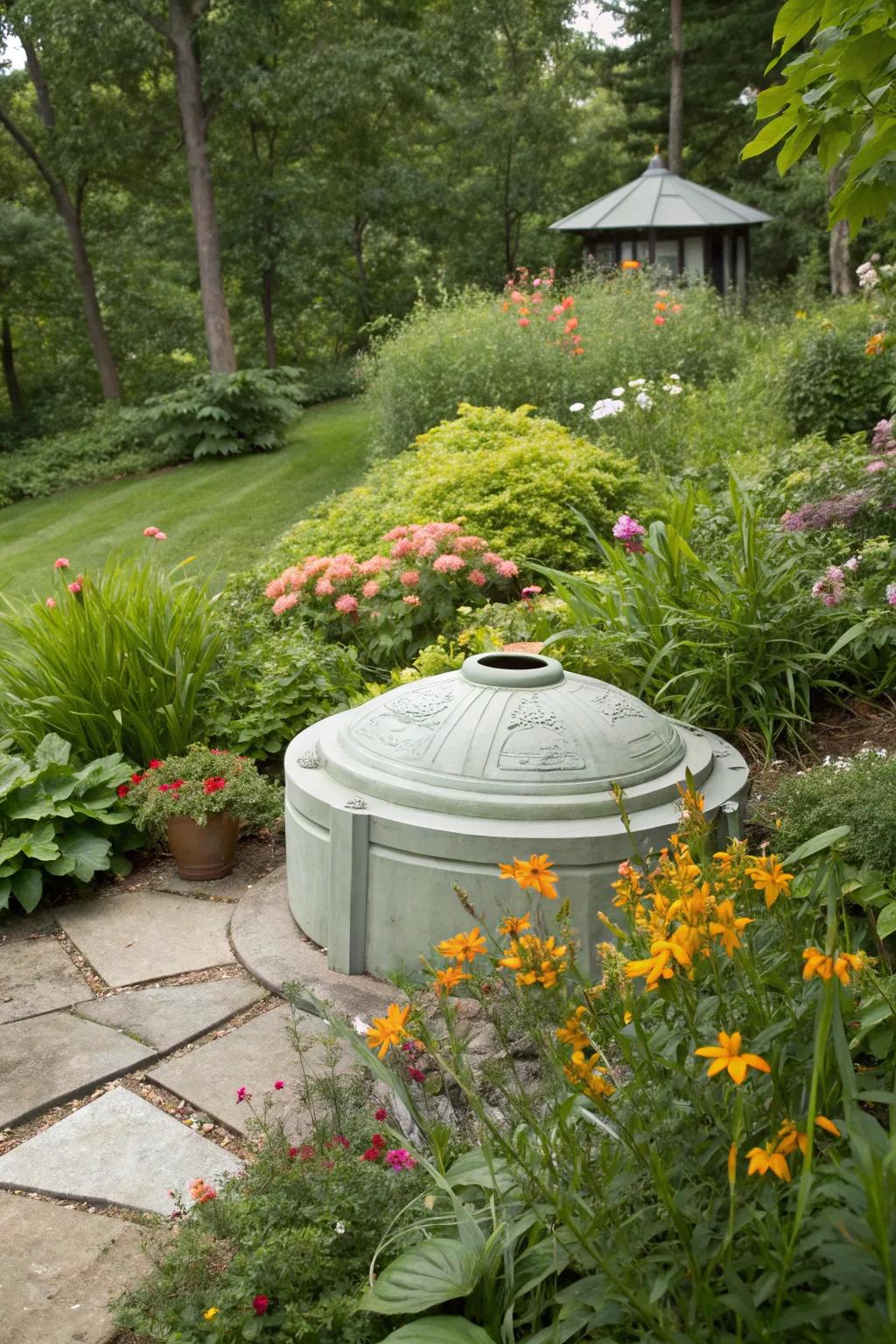 A sculpture adds an artistic touch while effectively hiding septic tank risers.
