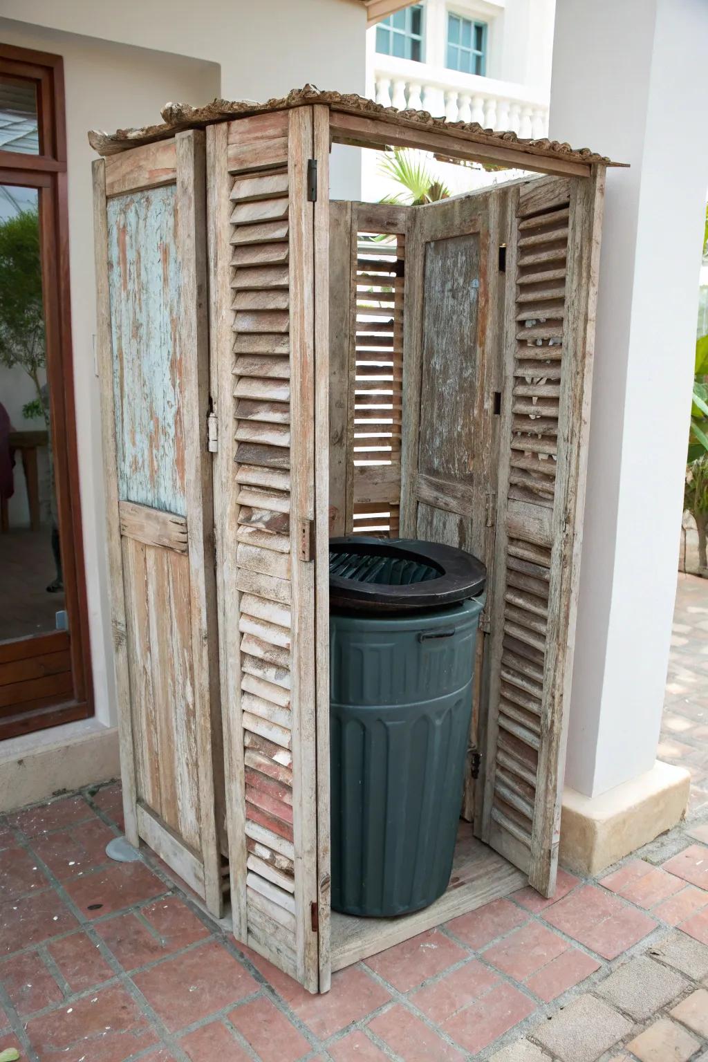 Recycled materials create unique and eco-friendly trash can enclosures.