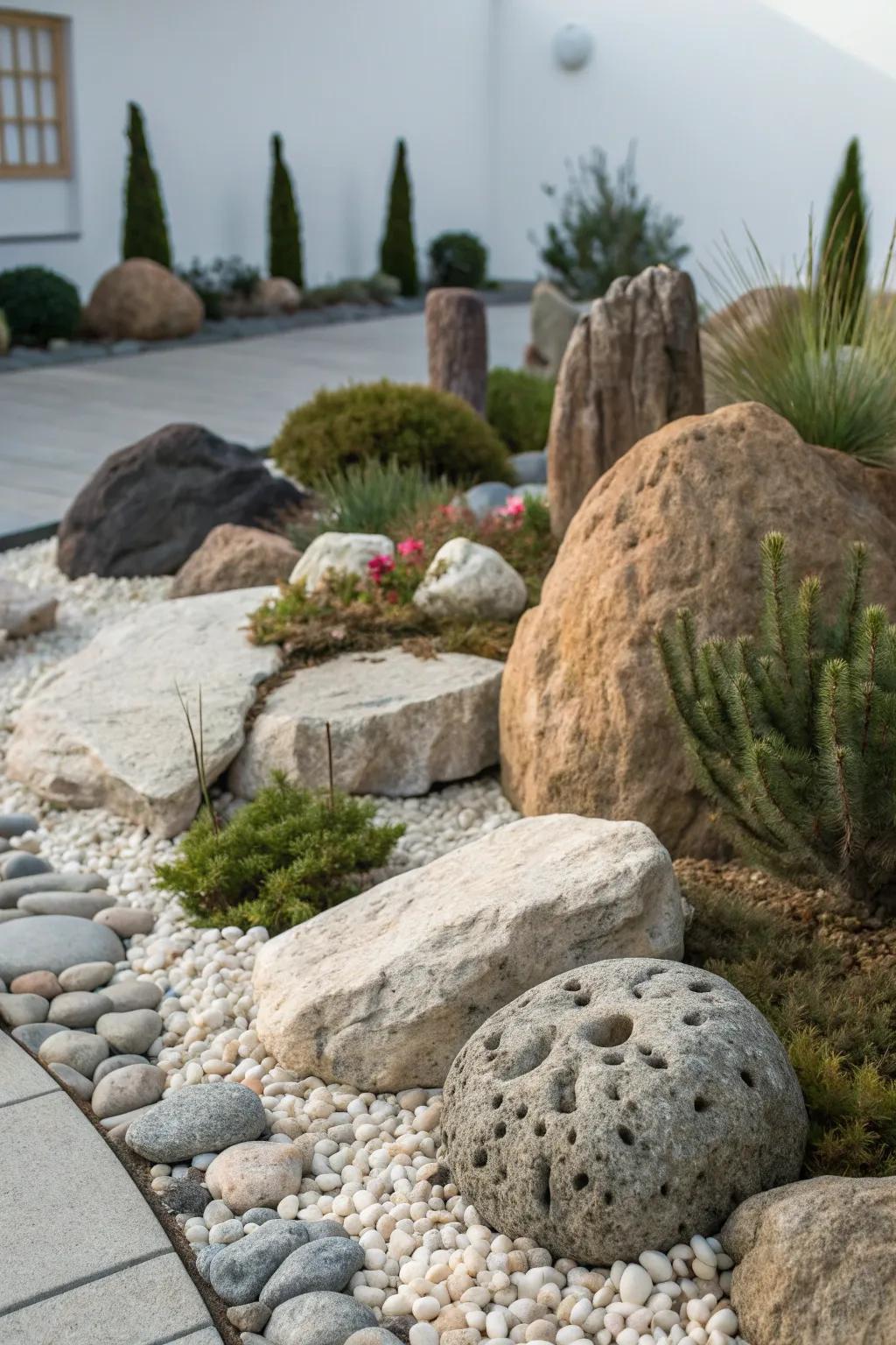 A variety of textured stones add depth to the garden.