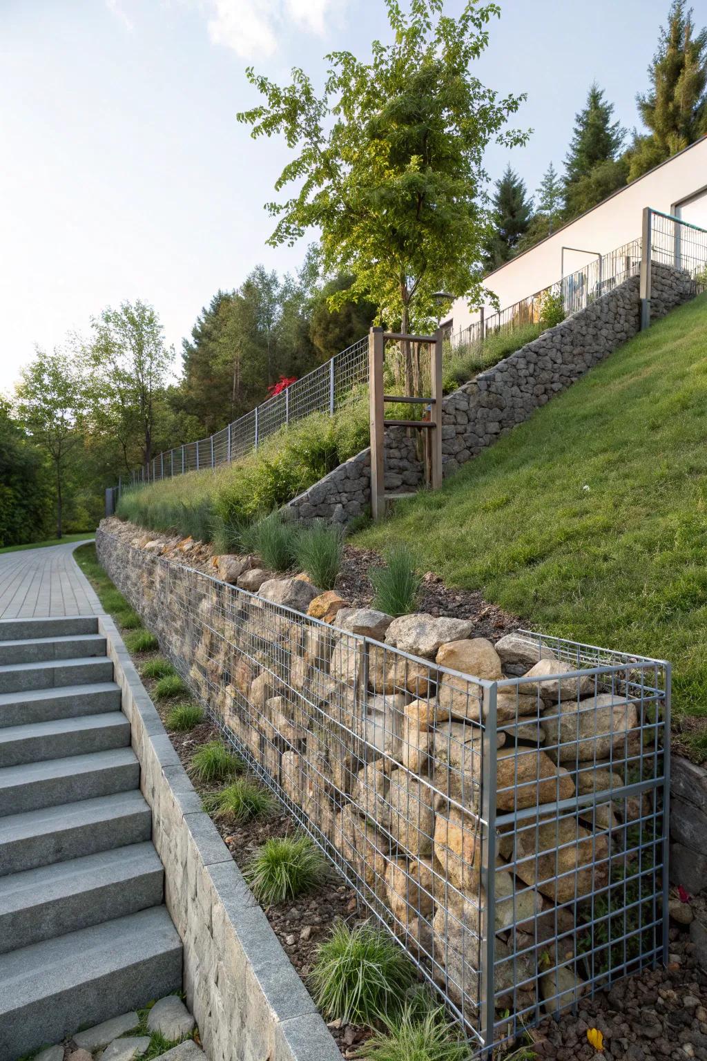 A sloped area stabilized by a stylish gabion wall of rocks.