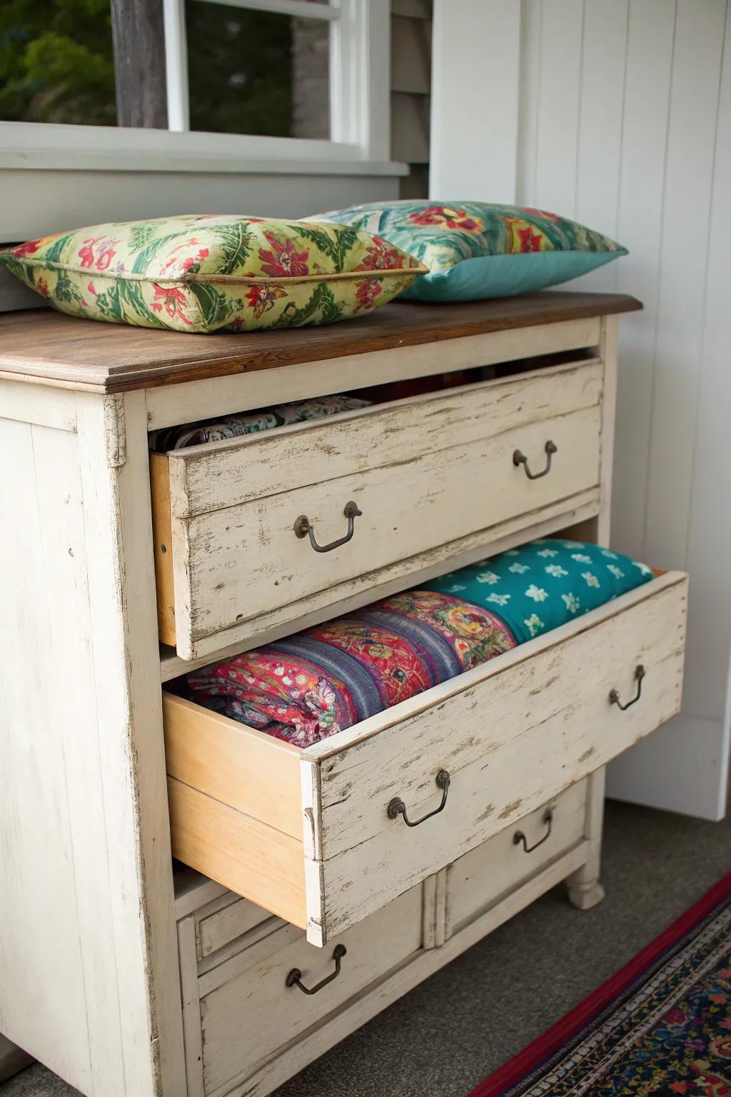 Repurposed dressers offer eco-friendly and creative cushion storage.