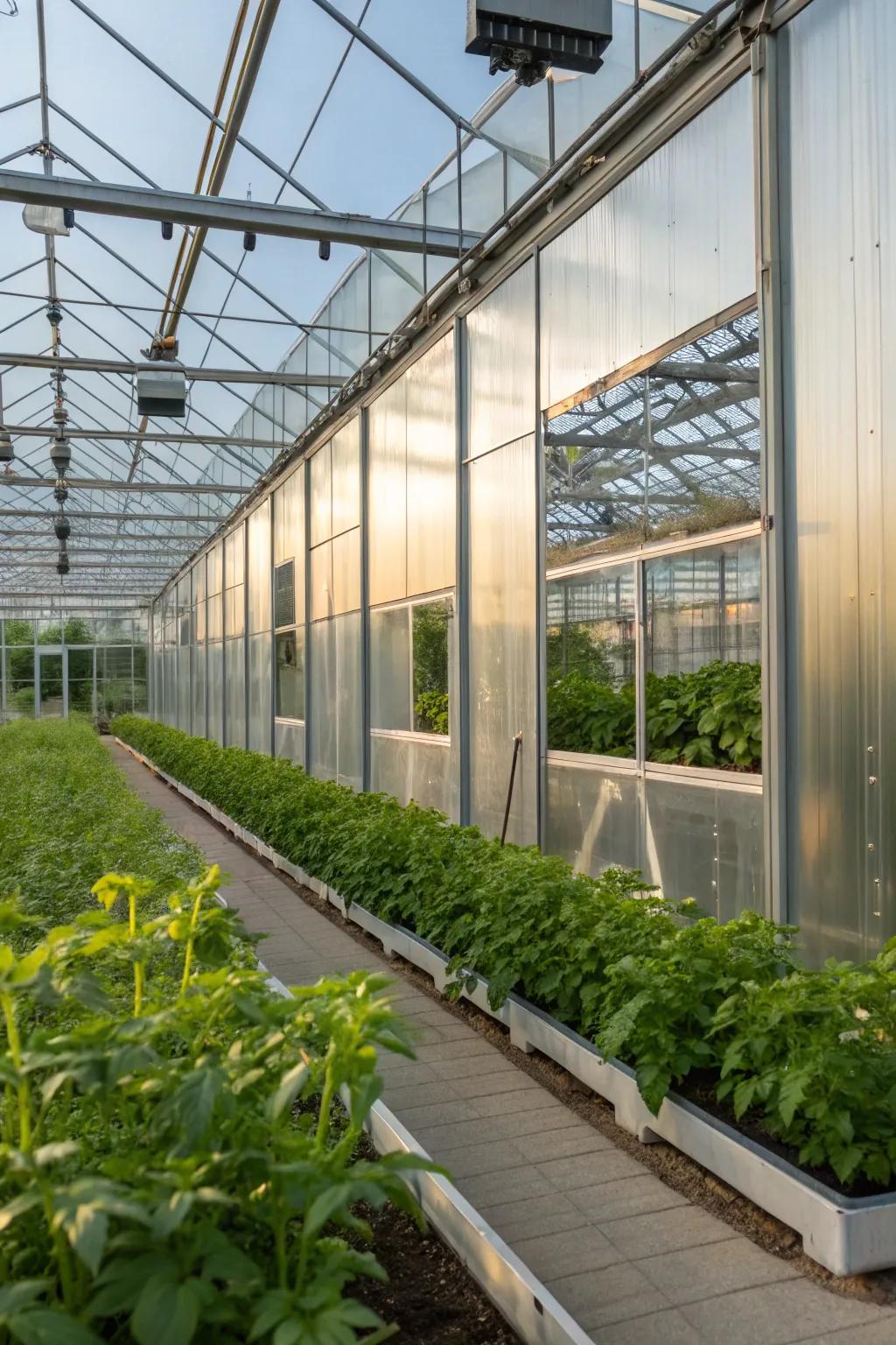 Reflective surfaces boost light distribution in a winter greenhouse.