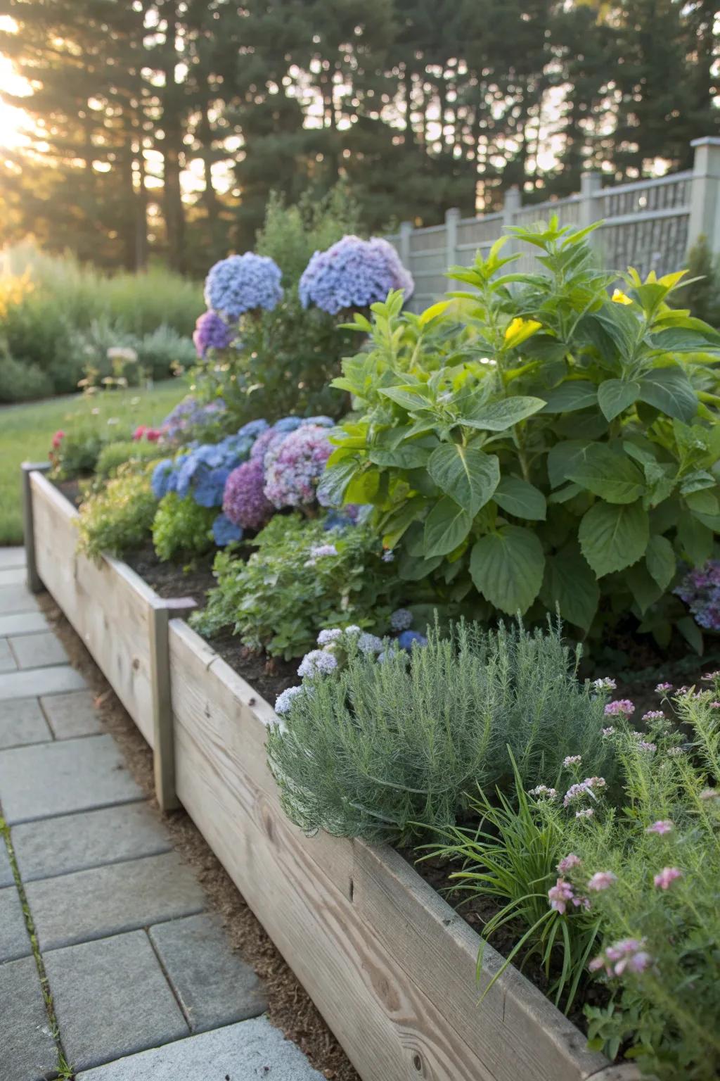 Hydrangeas and herbs together create a fragrant garden delight.