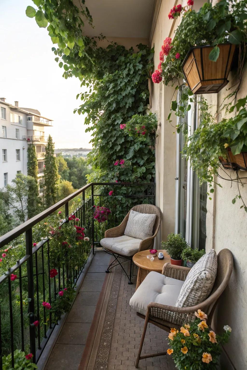 Create a green oasis on your balcony with climbing plants.