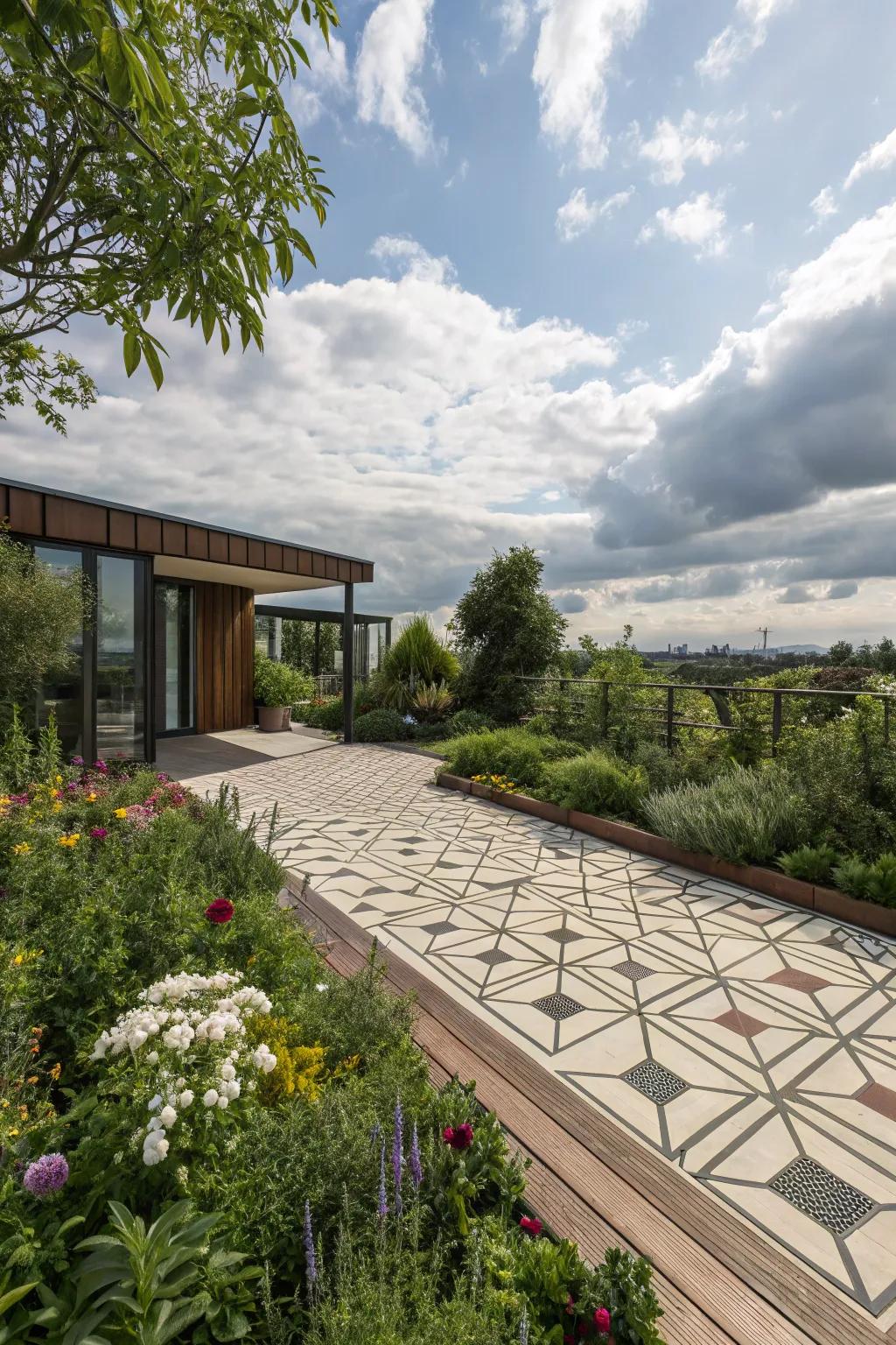 A visually striking garden deck with geometric patterns.