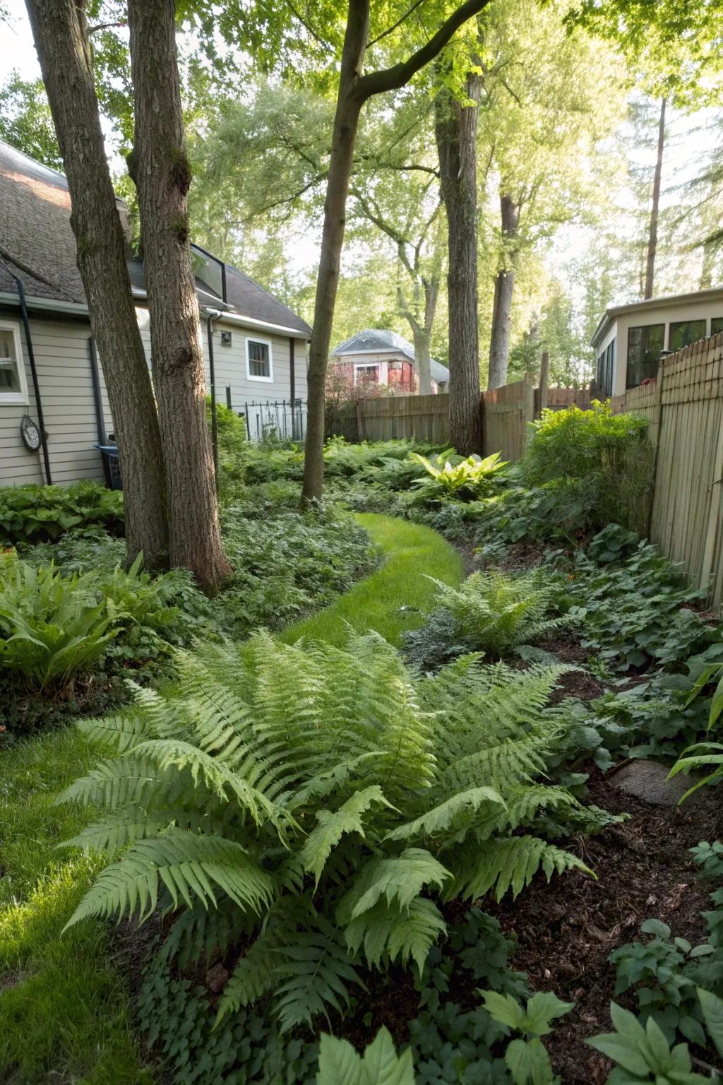 Ferns creating a lush, woodland feel in a shaded garden area.