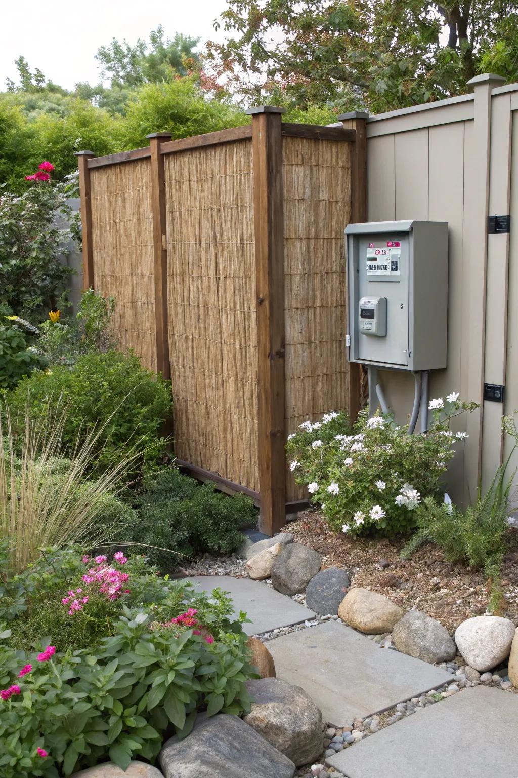 A reed screen blends seamlessly into a natural garden setting.