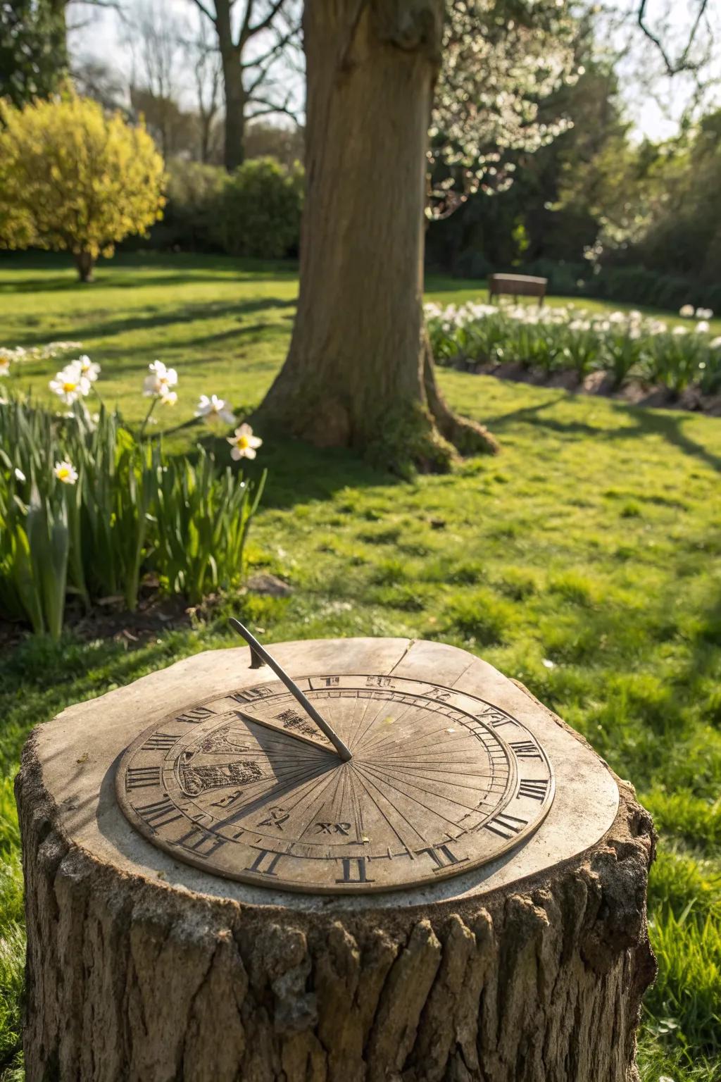 A tree stump ingeniously carved into a sundial.