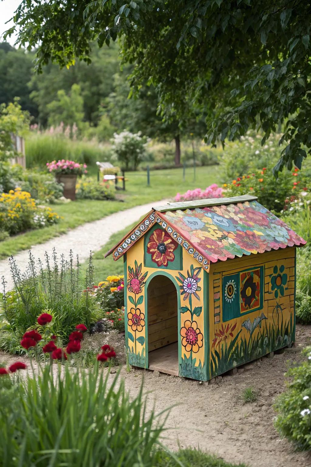 An artistic kennel adding a splash of color to the yard.
