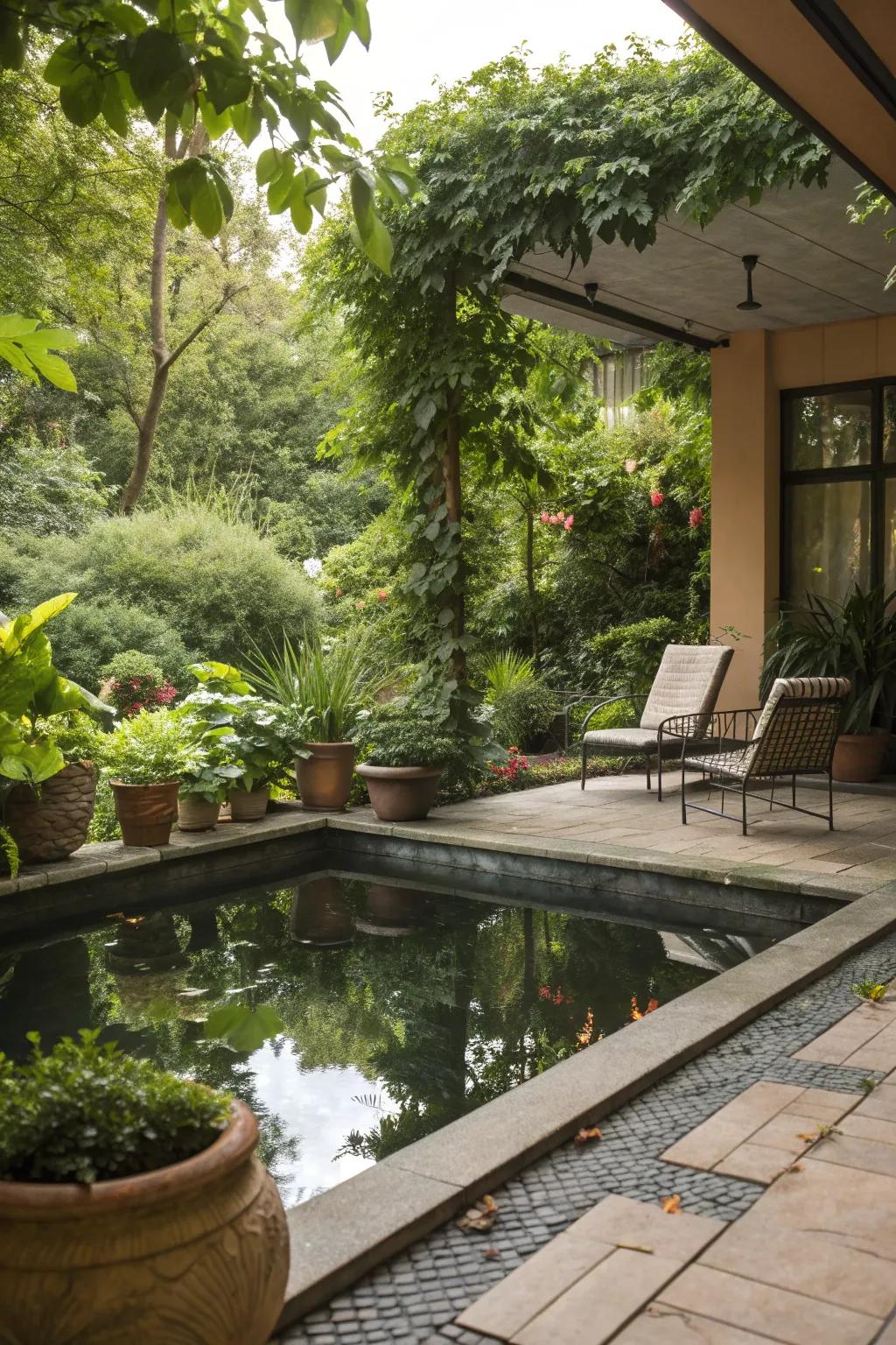 Reflective water feature on a tranquil patio