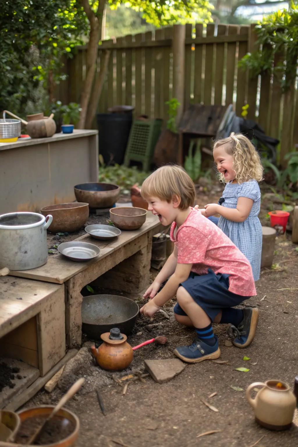 A mud kitchen fosters imaginative culinary play.