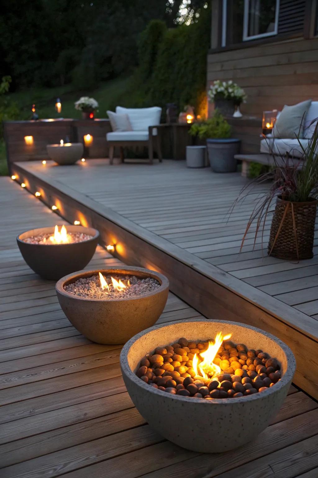 Tea lights in fire bowls offer a safe and cozy glow.