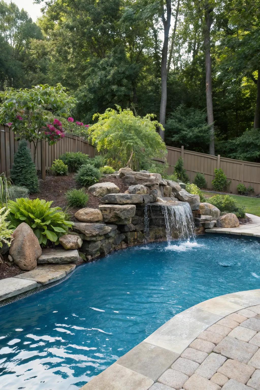 A rock waterfall adds a natural touch to your pool.