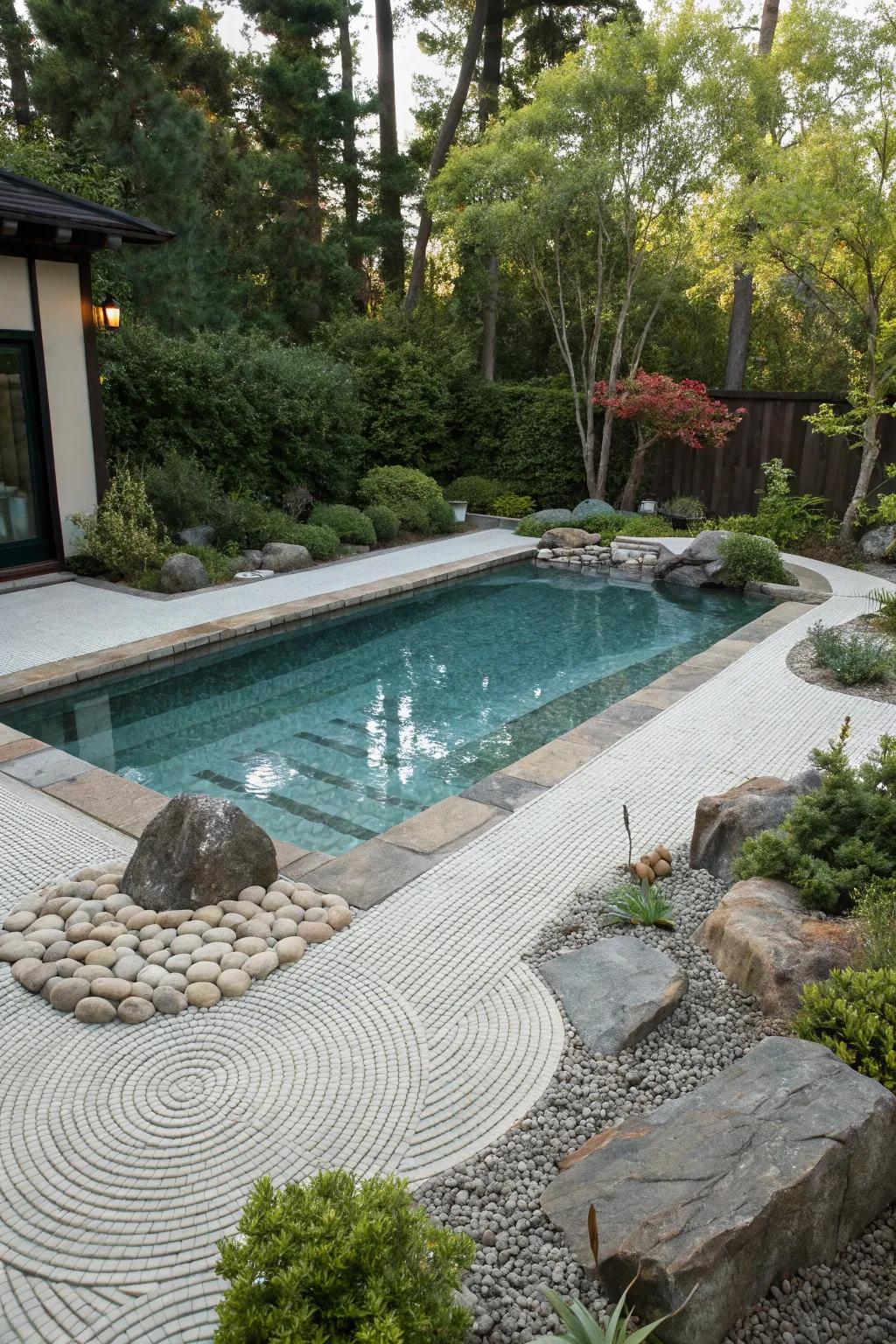 Zen gardens offer a calming, minimalist retreat by your pool.