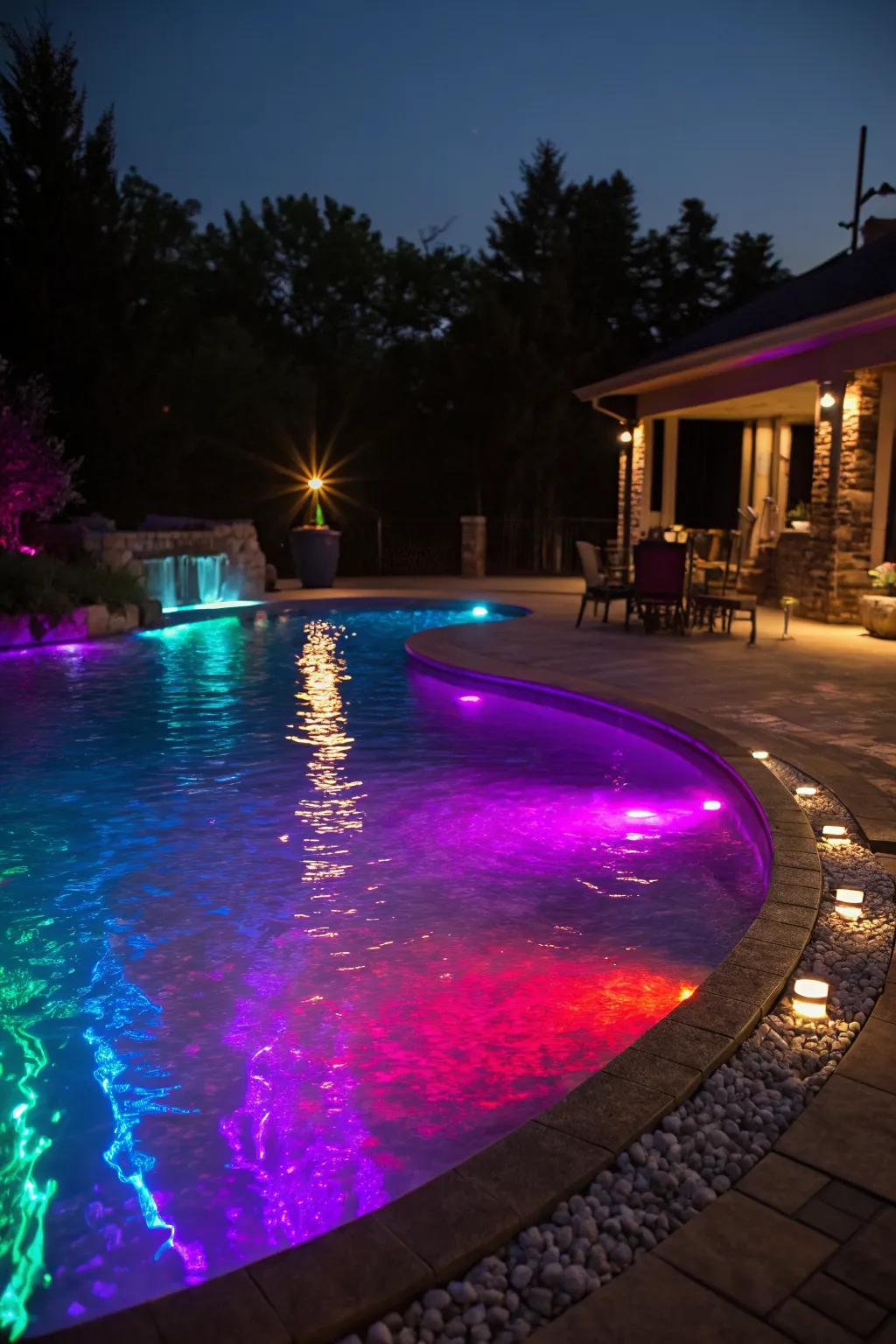 An inground pool illuminated with vibrant color-changing lights for a festive ambiance.