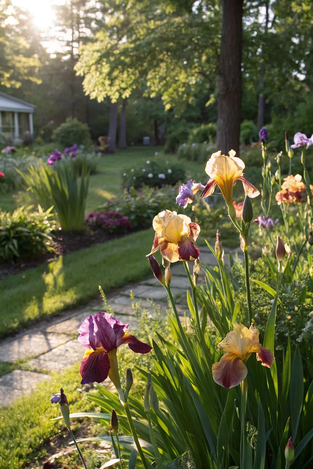 Sunlit irises flourishing with optimal exposure.
