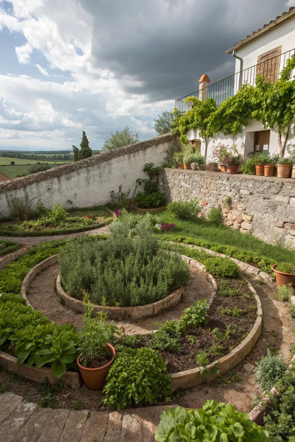 A herb spiral offers a space-saving and stylish planting solution.
