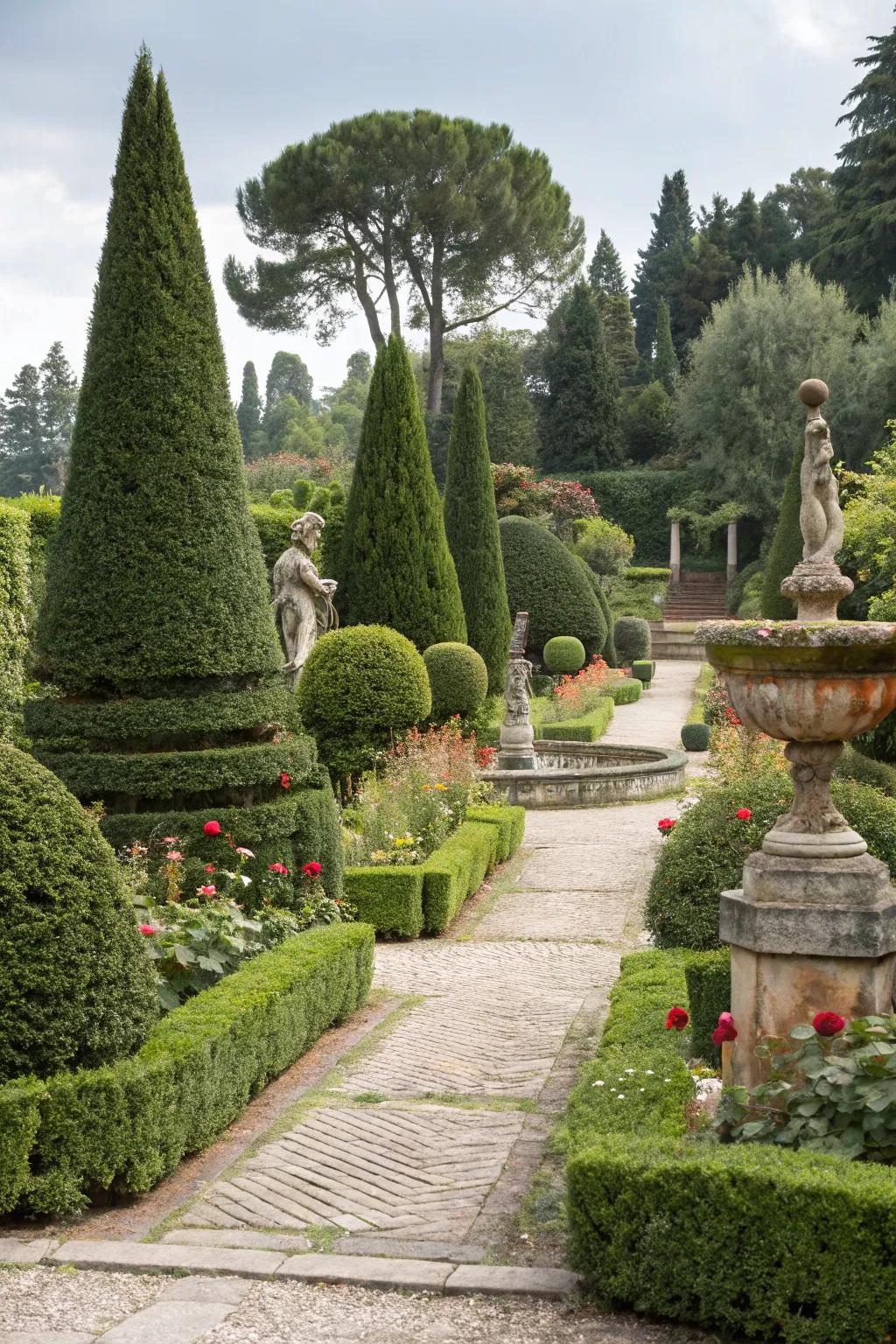 Topiary shapes adding a sculptured elegance to the garden.