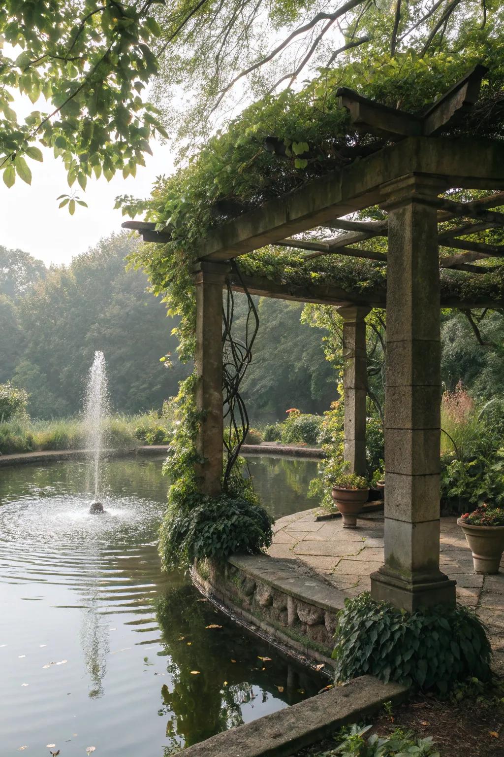 A water feature adds a soothing soundscape to this pergola area.