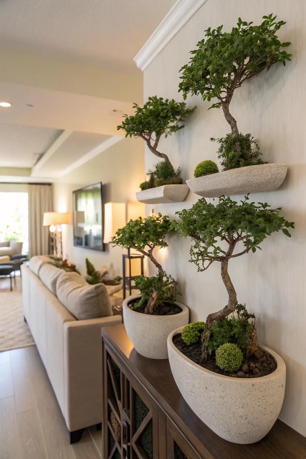 Living artwork with a jade bonsai wall display.