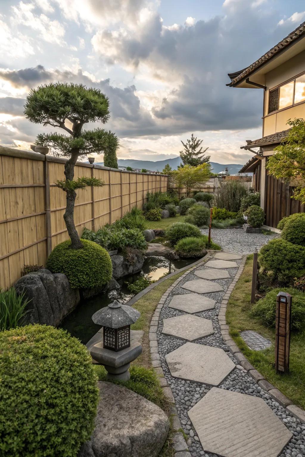 Asymmetrical design bringing balance and charm to a Japanese backyard.