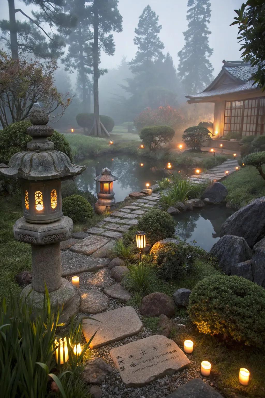 Candles creating a warm ambiance in the garden.