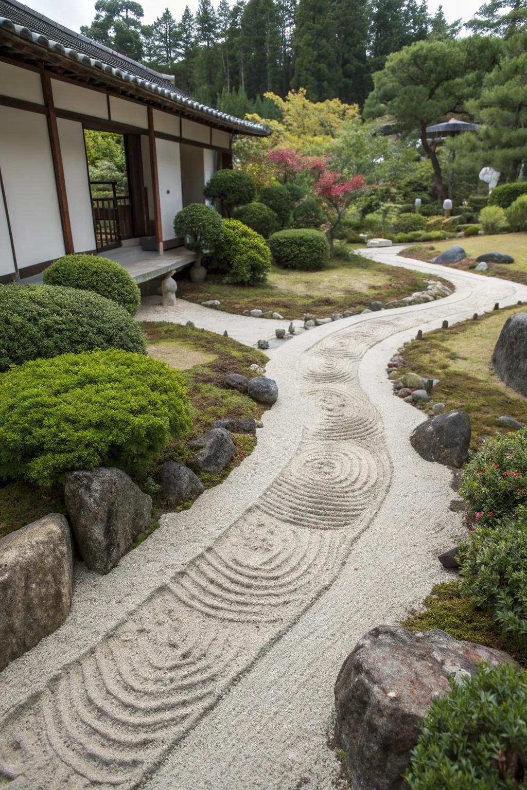 Japanese garden path combining sand and stone for artistic and stable walking surfaces.