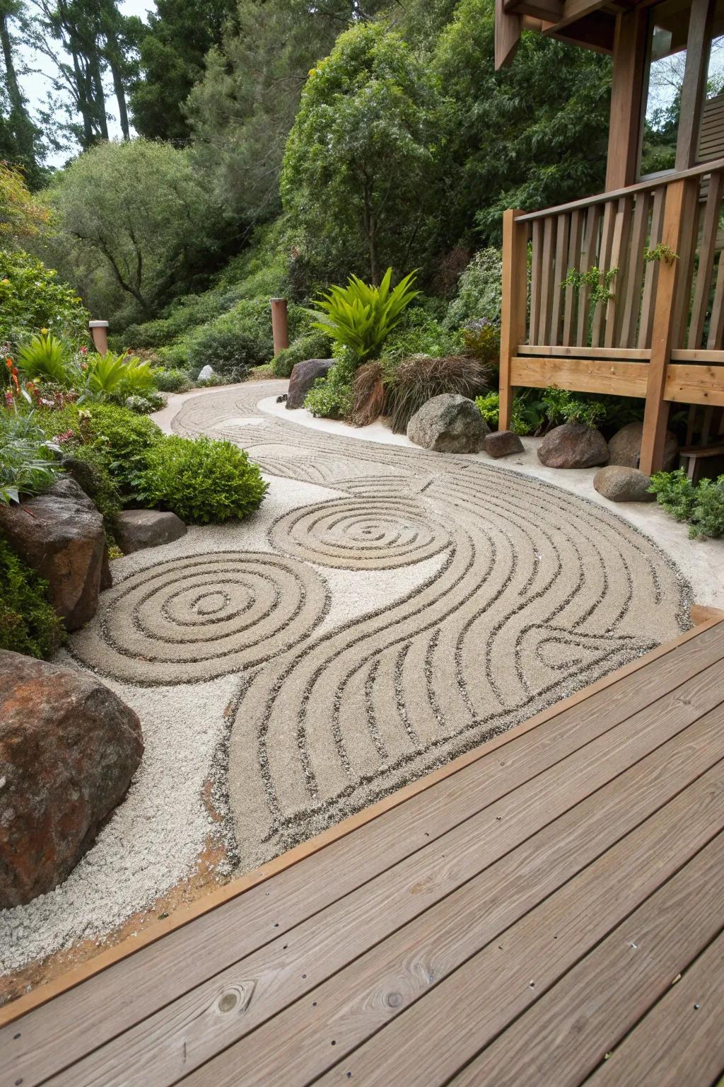 Create a Zen atmosphere with raked gravel designs.