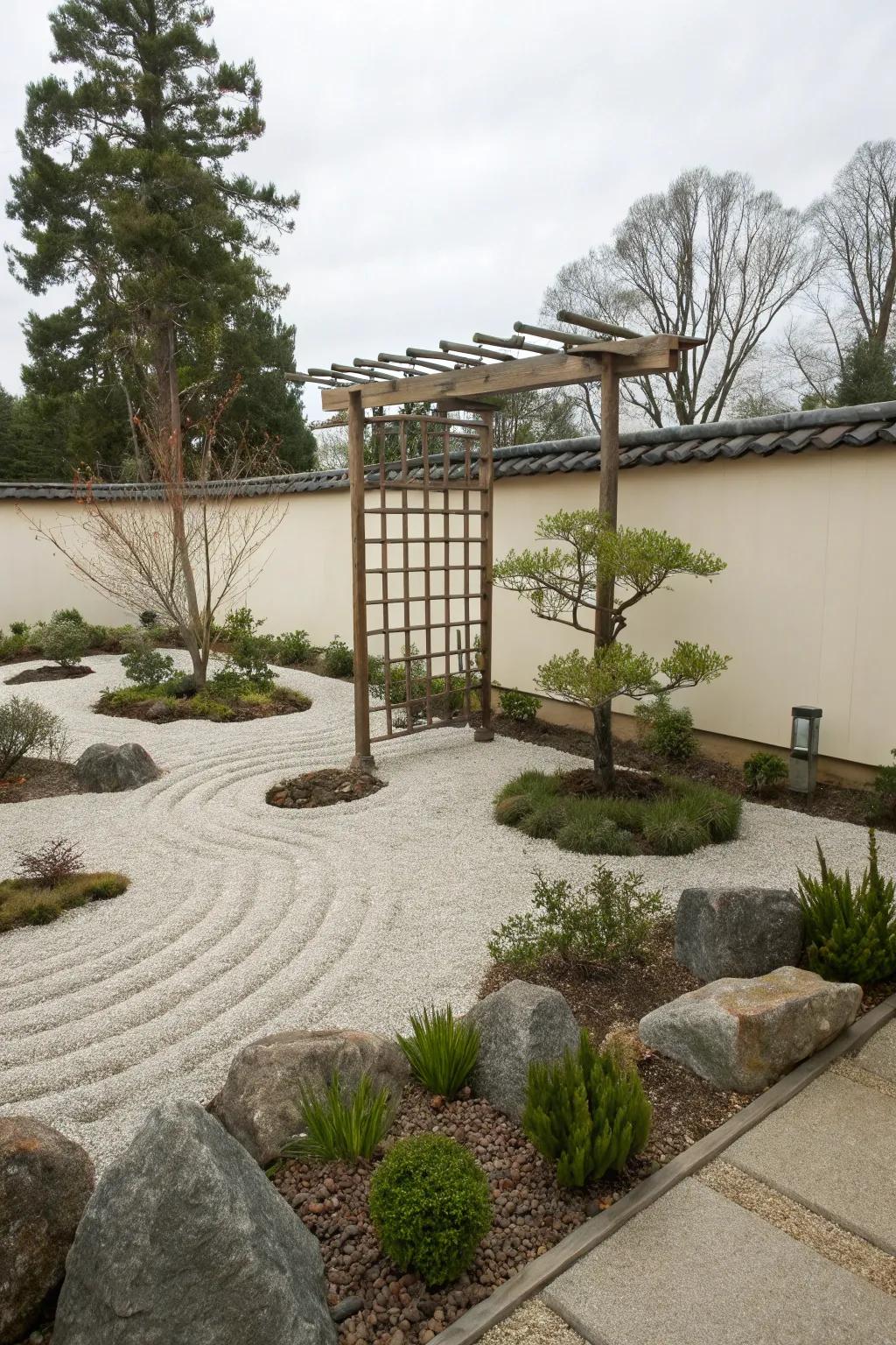 A trellis in a Zen garden offers peace and simplicity.