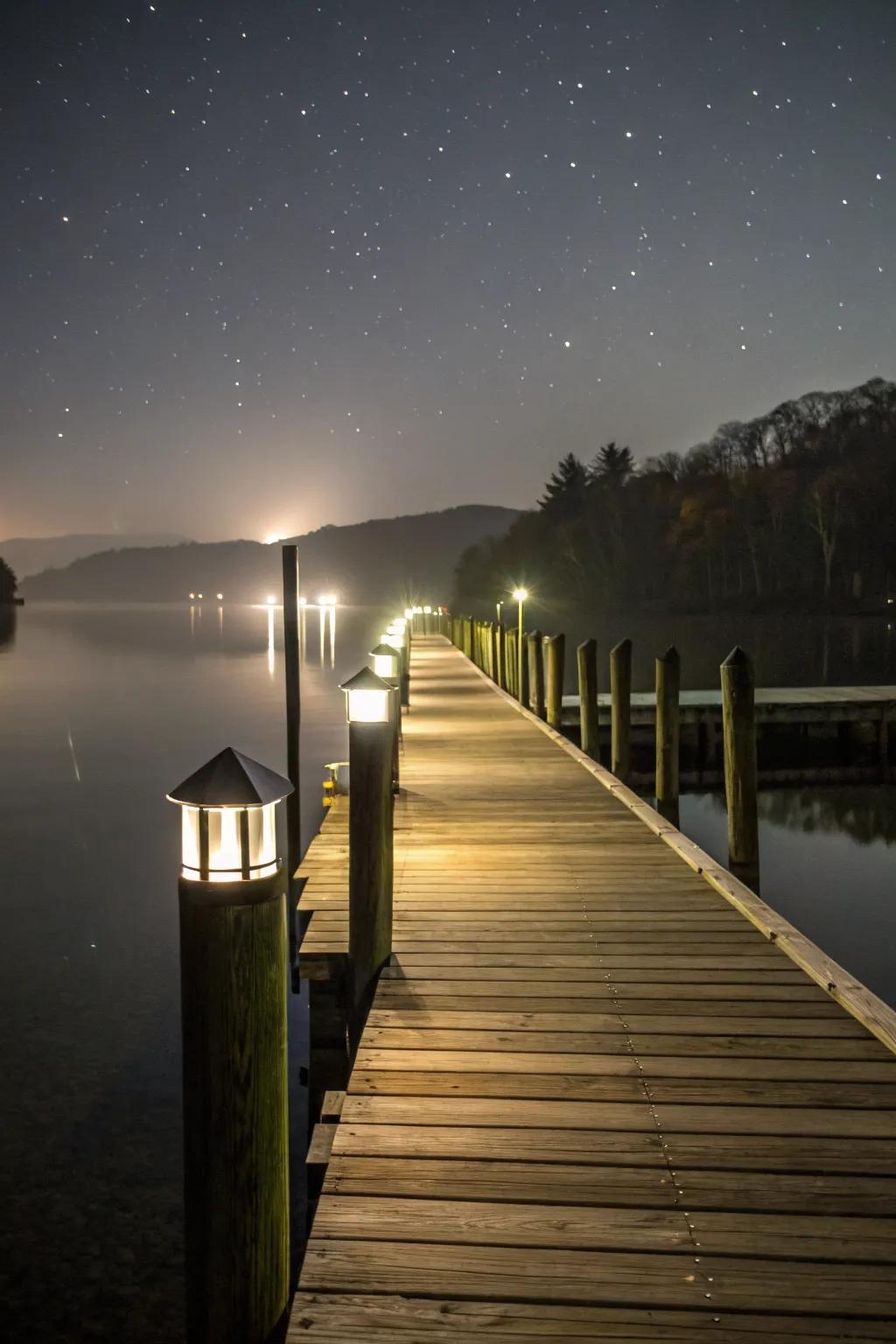 Deck post lights add subtle elegance and safety to this serene dock.