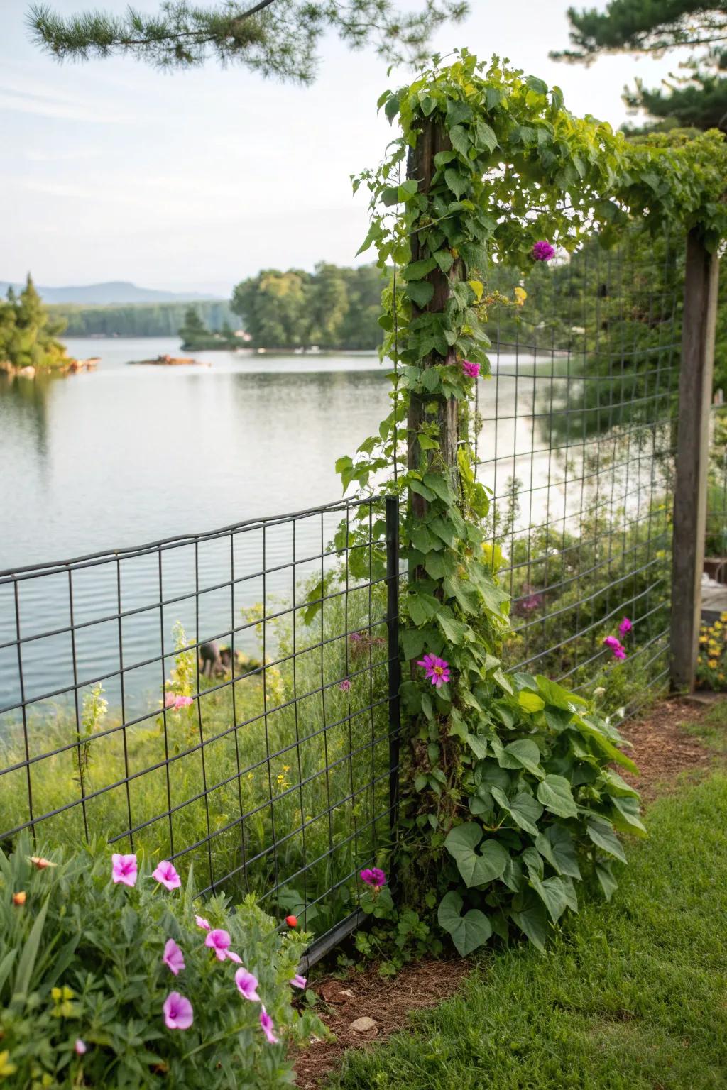 Dynamic living fence with wire mesh and climbing plants.