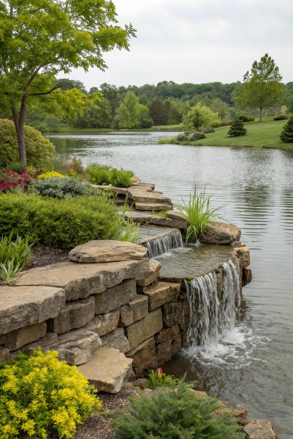 A dynamic water feature integrated into the retaining wall adds visual interest.
