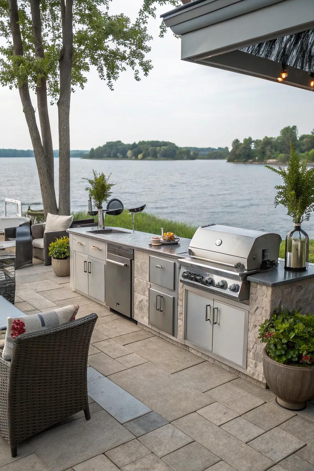 An outdoor kitchen designed for lakeside culinary adventures.