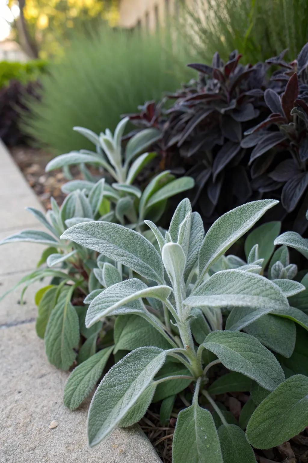 Dramatic garden contrast with lamb's ear and dark foliage.