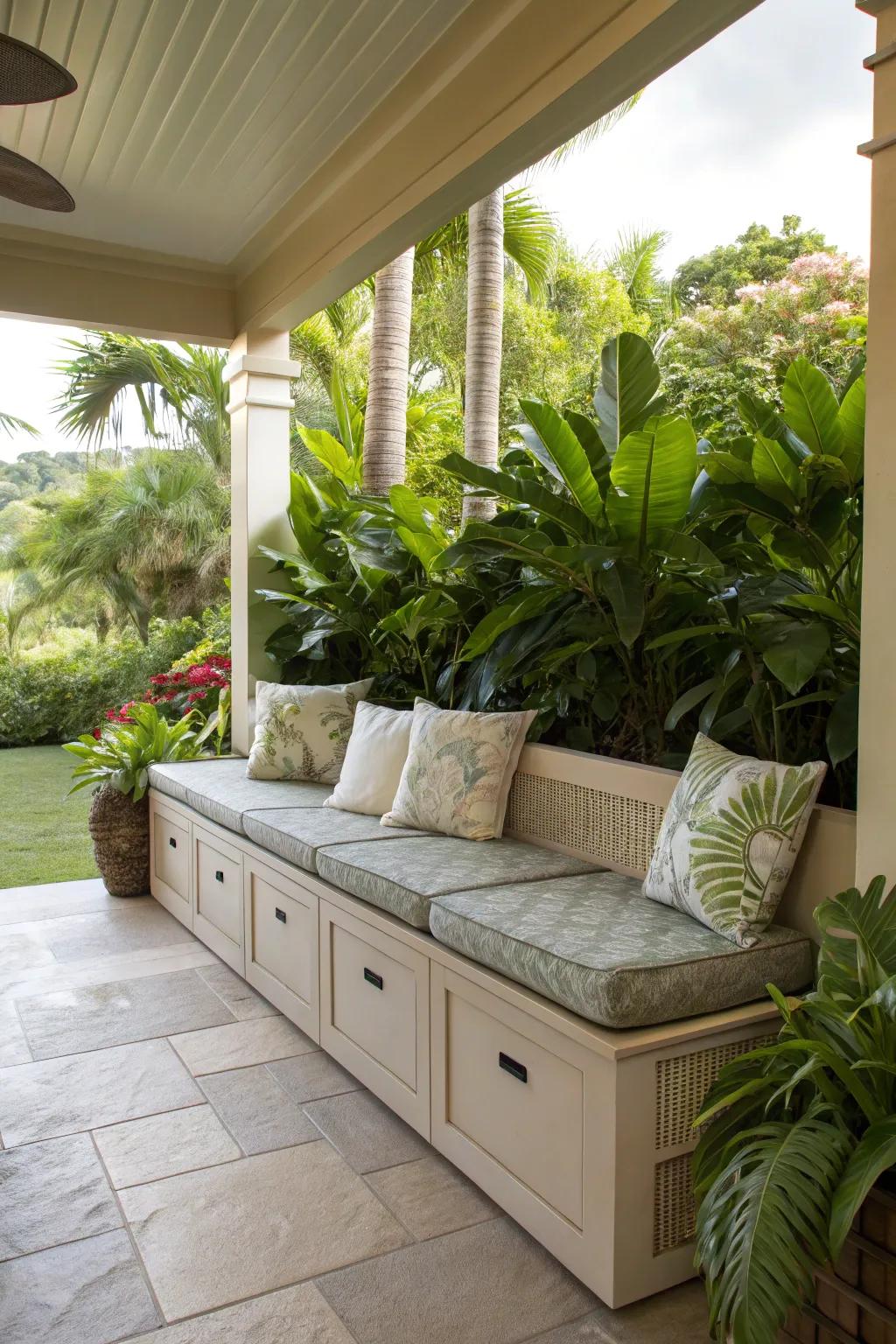 Built-in benches provide seating and storage solutions.