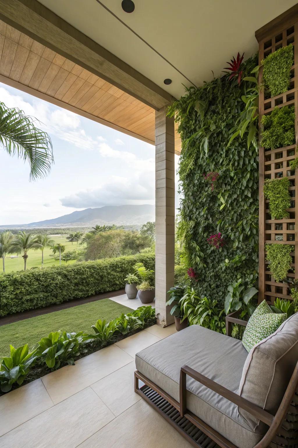 A lanai with a vertical garden maximizing greenery in a space-saving way.