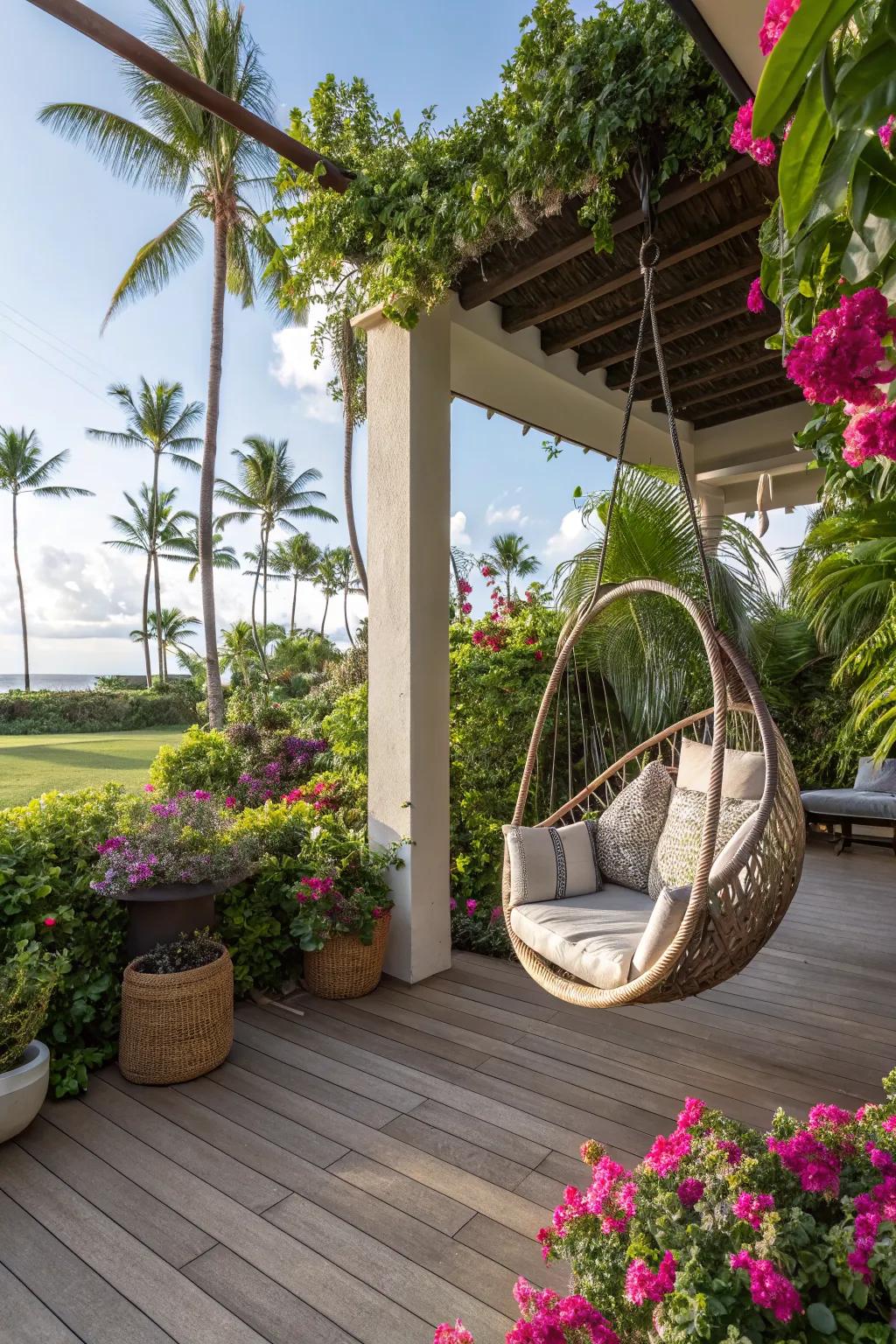 Swing seating adds a playful and relaxing element to this lanai.