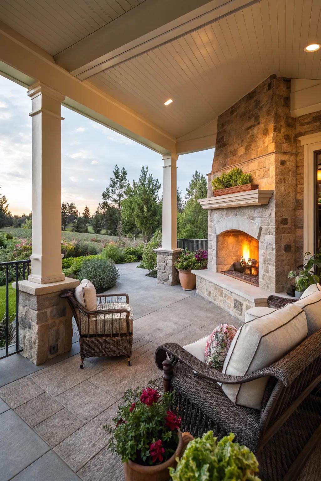 A fire element adds warmth and ambiance to your lanai.