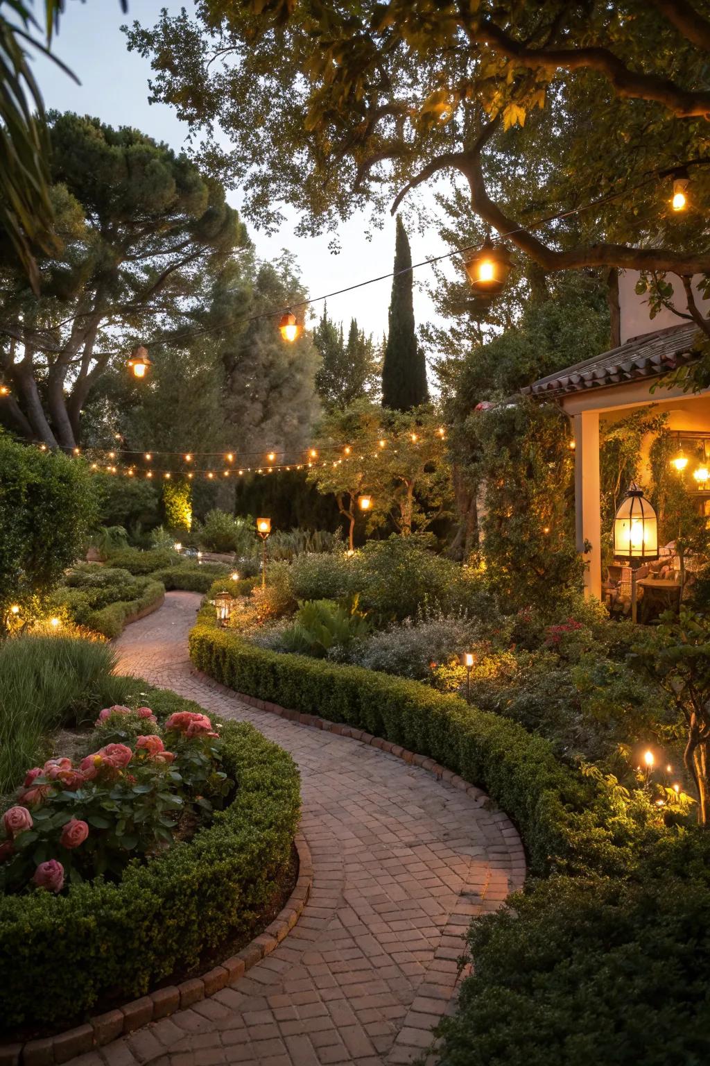 Evening garden ambiance enhanced by strategic lighting.