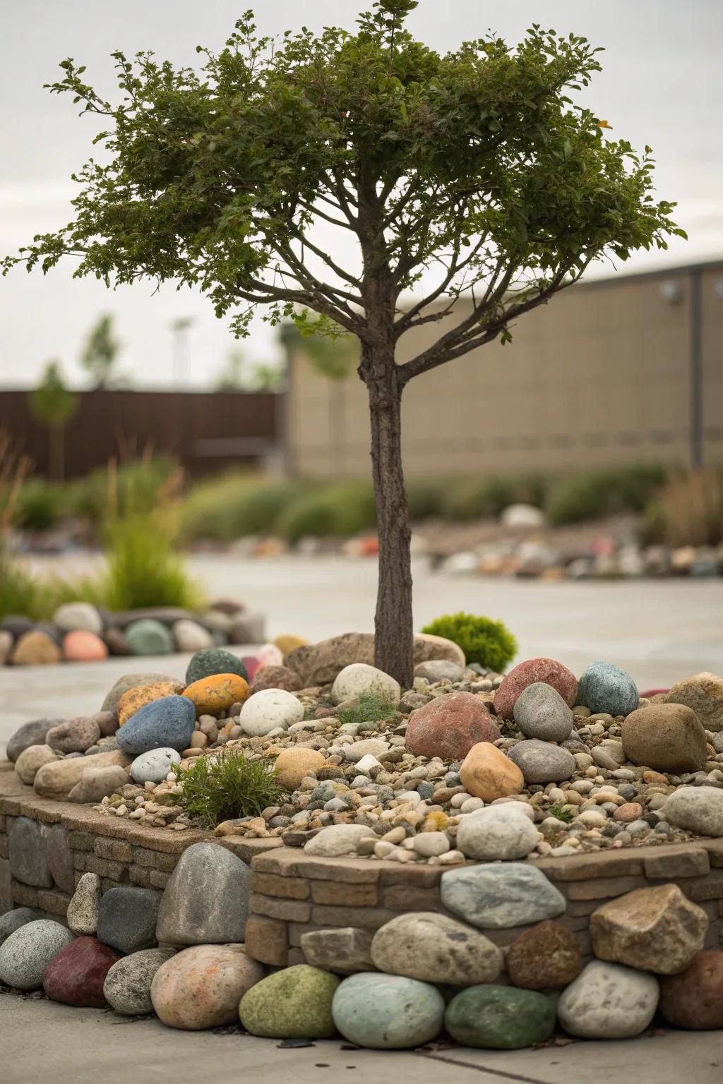 Decorative rocks add texture and interest around a tree.