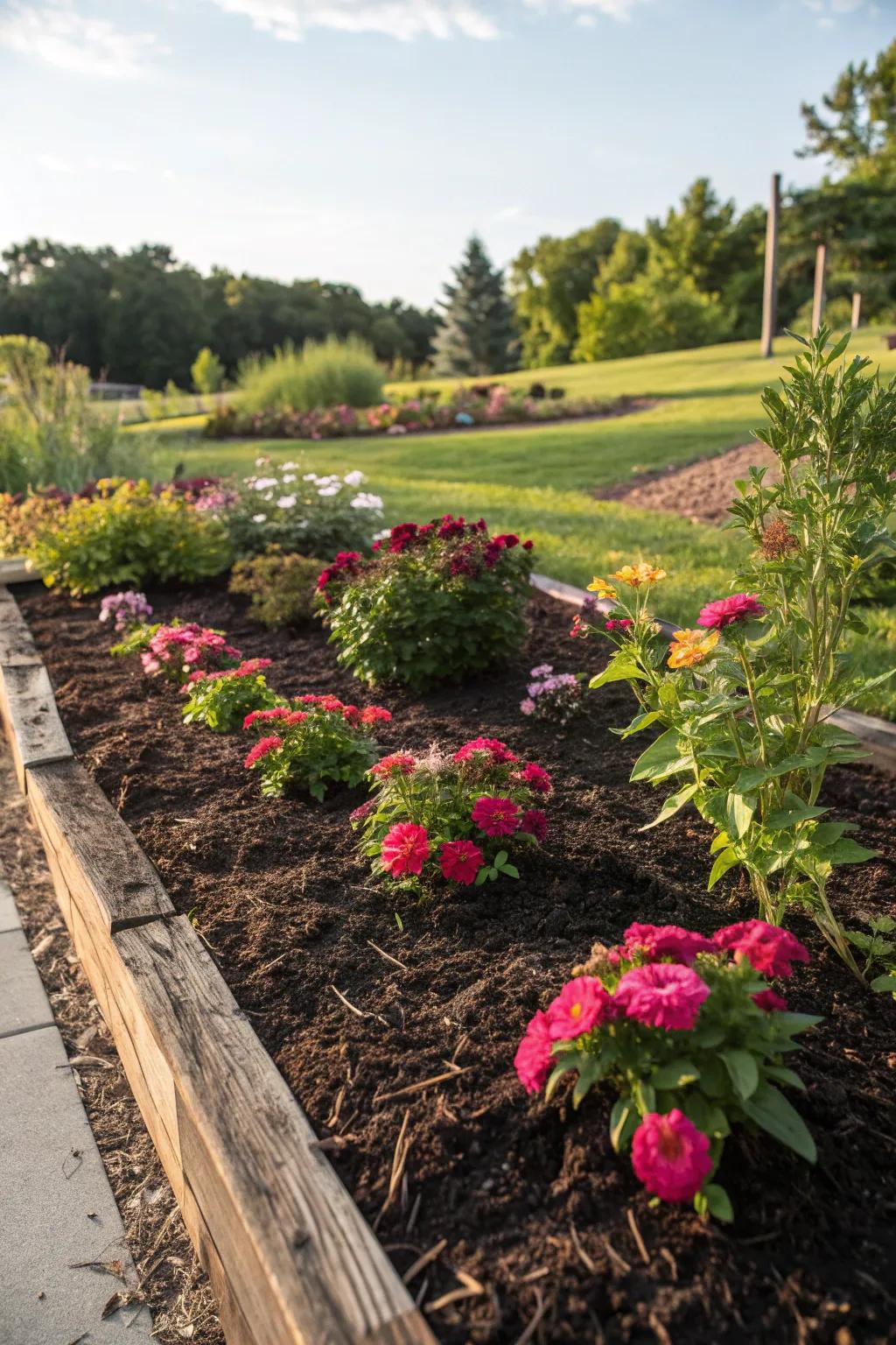 Mulching enhances garden health and reduces maintenance.